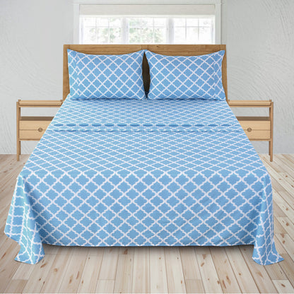 Four Piece Blue and White Quatrefoil Microfiber California King Sheet Set