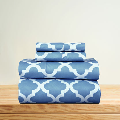 Four Piece Blue and White Quatrefoil Microfiber California King Sheet Set