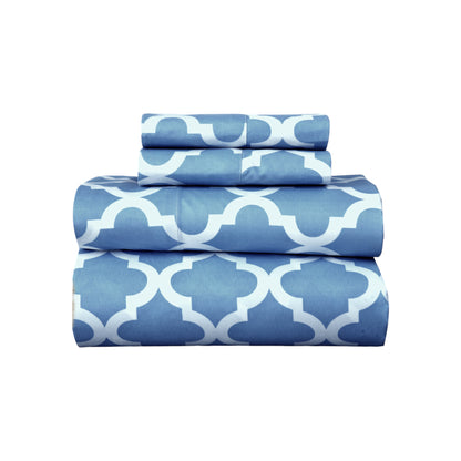 Four Piece Blue and White Quatrefoil Microfiber California King Sheet Set