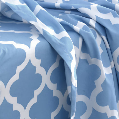 Four Piece Blue and White Quatrefoil Microfiber California King Sheet Set