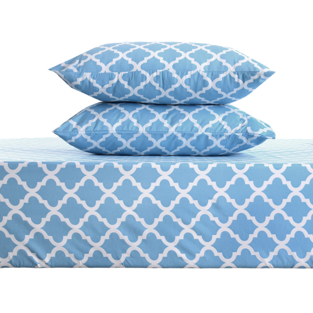 Four Piece Blue and White Quatrefoil Microfiber California King Sheet Set