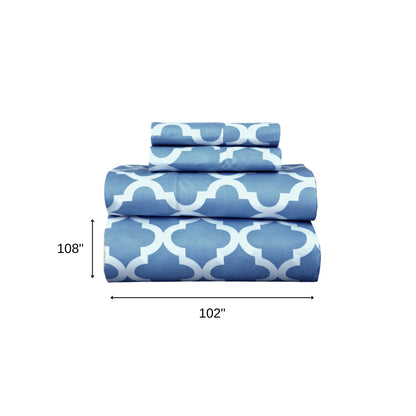 Four Piece Blue and White Quatrefoil Microfiber California King Sheet Set