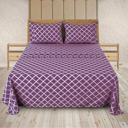 Four Piece Purple and White Quatrefoil Microfiber California King Sheet Set