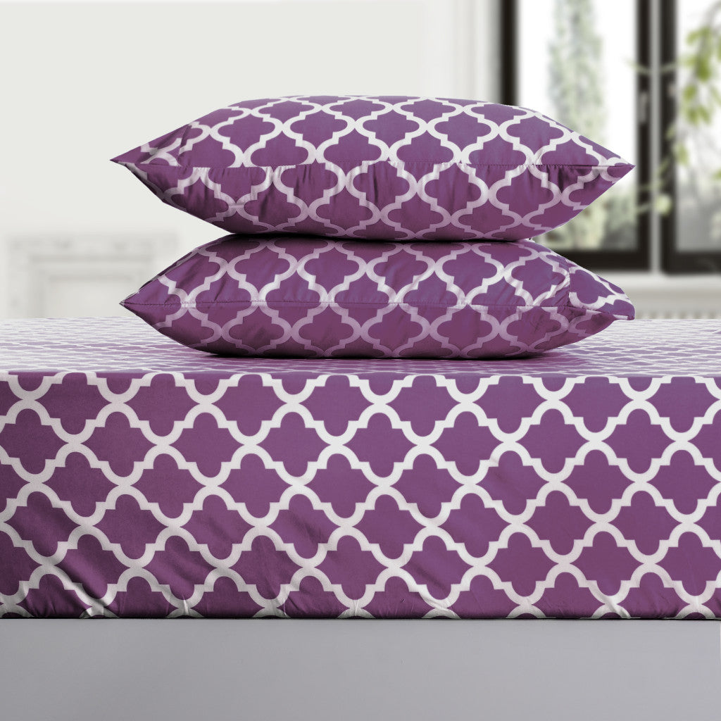 Four Piece Purple and White Quatrefoil Microfiber California King Sheet Set