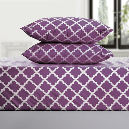 Four Piece Purple and White Quatrefoil Microfiber California King Sheet Set