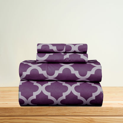 Four Piece Purple and White Quatrefoil Microfiber California King Sheet Set