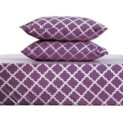 Four Piece Purple and White Quatrefoil Microfiber California King Sheet Set