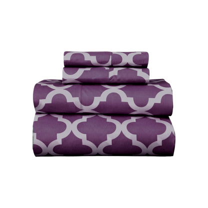 Four Piece Purple and White Quatrefoil Microfiber California King Sheet Set