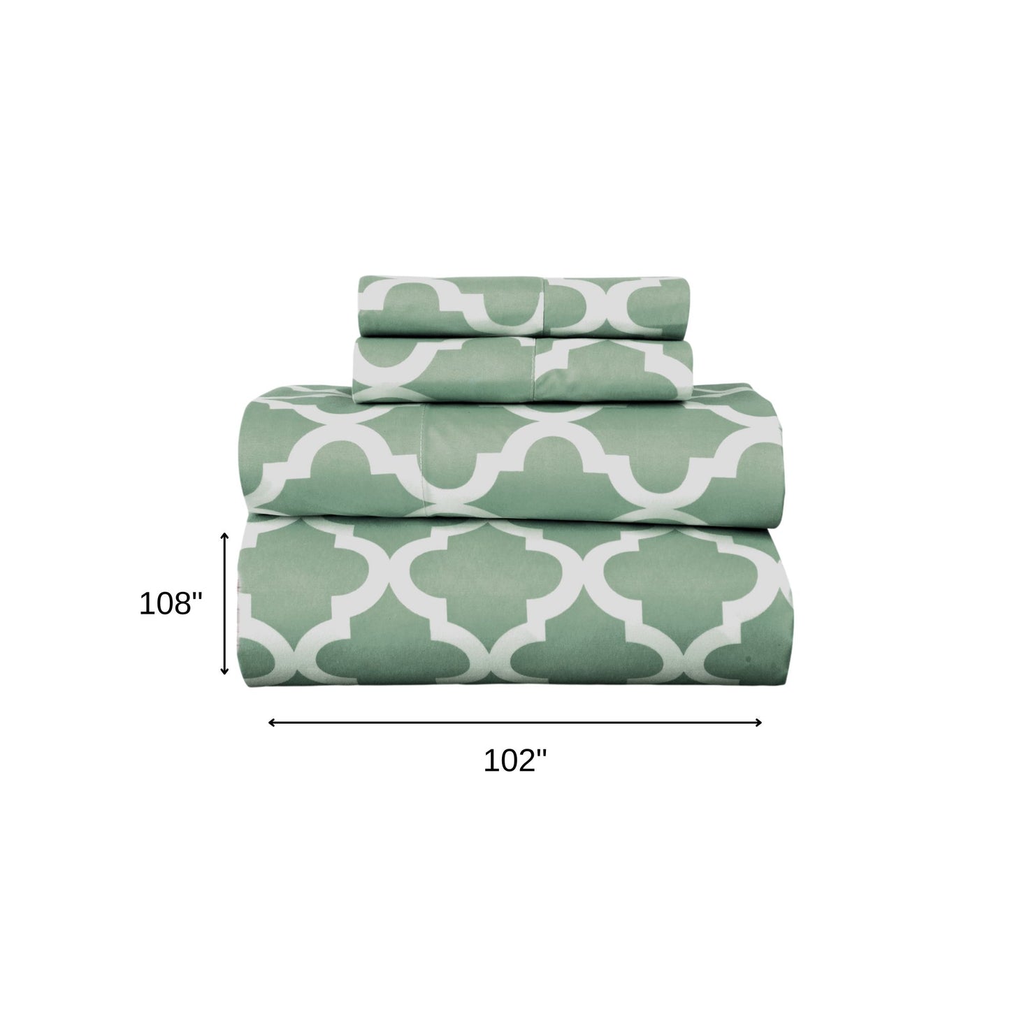 Four Piece Green and White Quatrefoil Microfiber California King Sheet Set