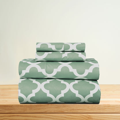 Four Piece Green and White Quatrefoil Microfiber California King Sheet Set