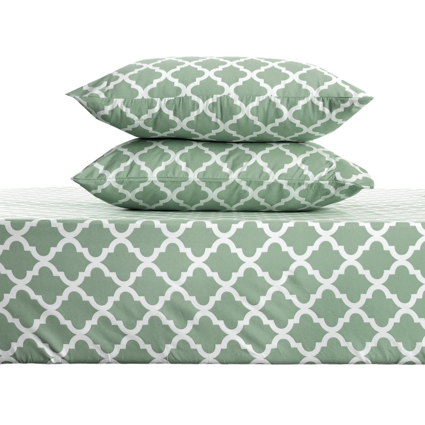 Four Piece Green and White Quatrefoil Microfiber California King Sheet Set