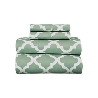 Four Piece Green and White Quatrefoil Microfiber California King Sheet Set