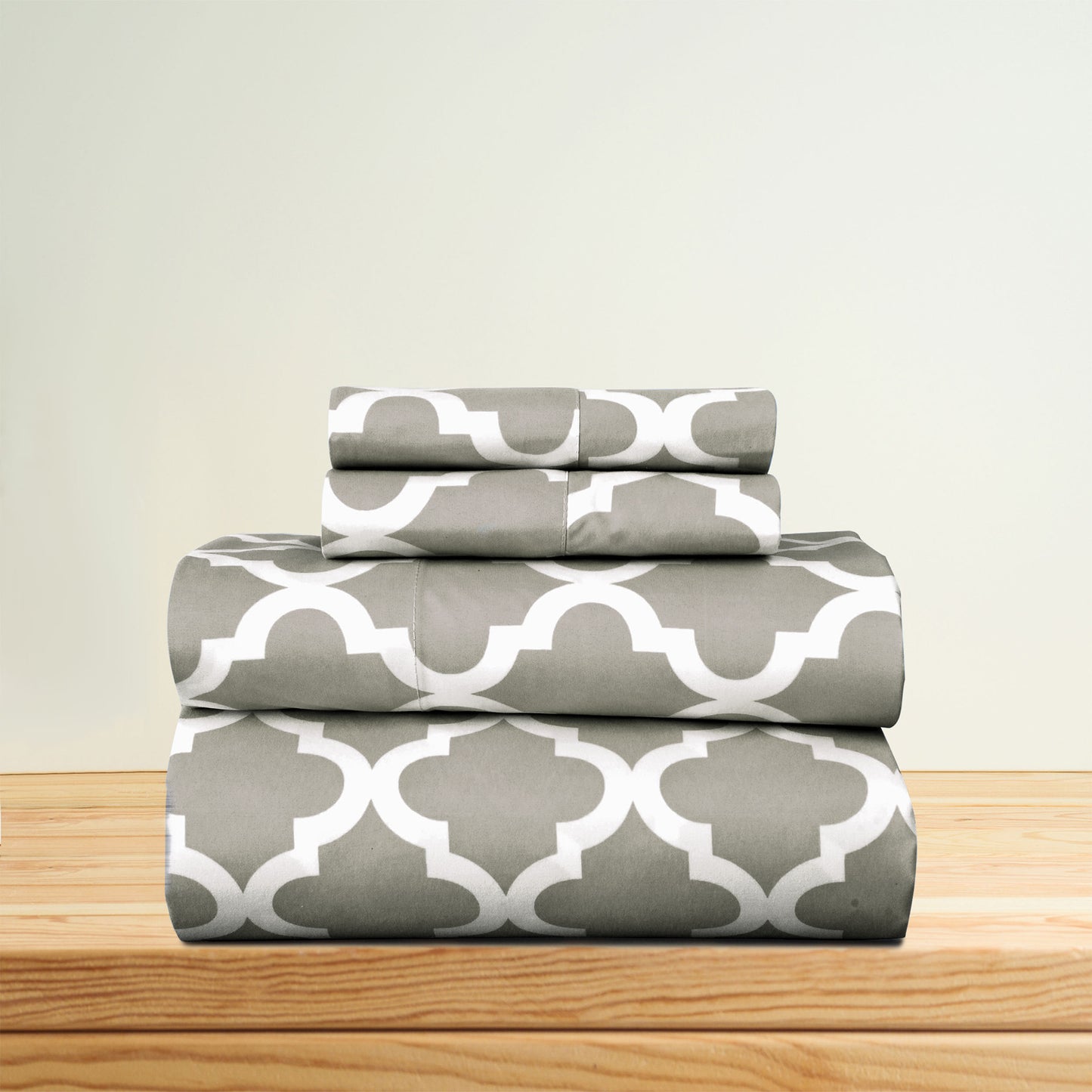 Four Piece Beige and White Quatrefoil Microfiber California King Sheet Set