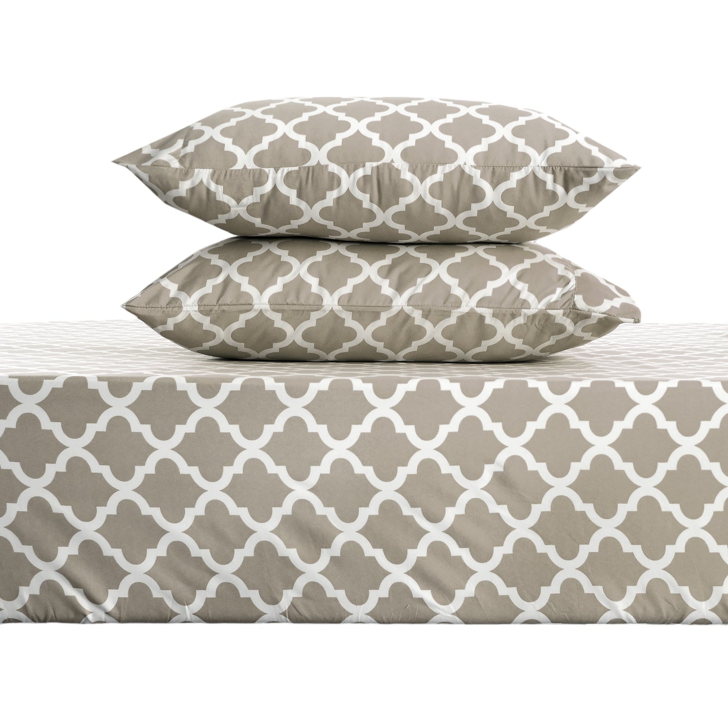 Four Piece Beige and White Quatrefoil Microfiber California King Sheet Set