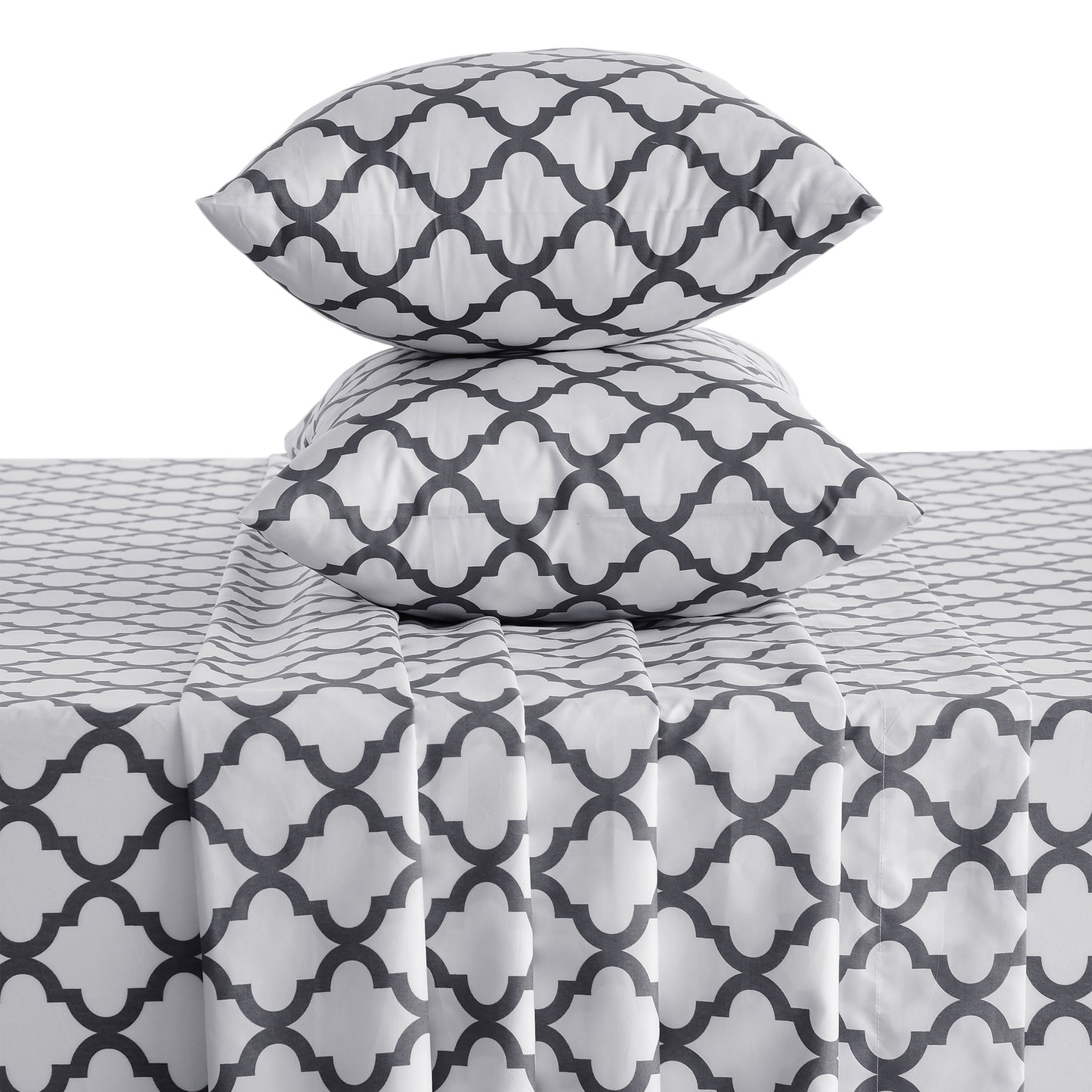 Four Piece White and Charcoal Quatrefoil Microfiber California King Sheet Set