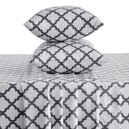 Four Piece White and Charcoal Quatrefoil Microfiber California King Sheet Set