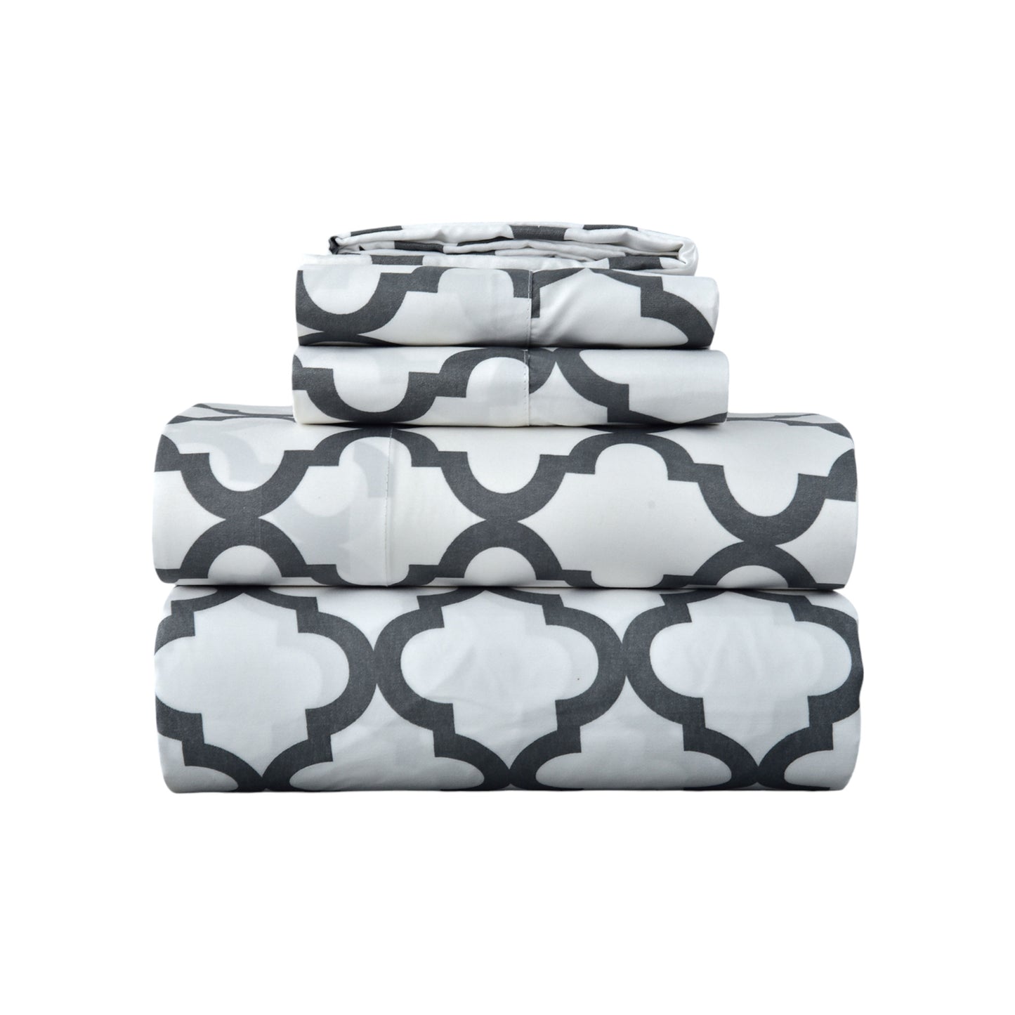 Four Piece White and Charcoal Quatrefoil Microfiber California King Sheet Set