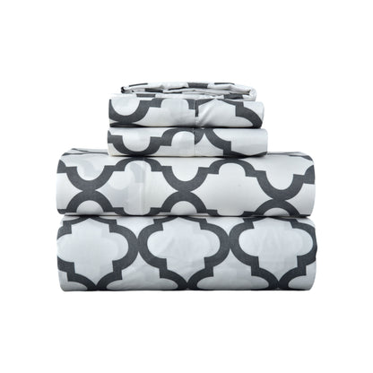 Four Piece White and Charcoal Quatrefoil Microfiber California King Sheet Set