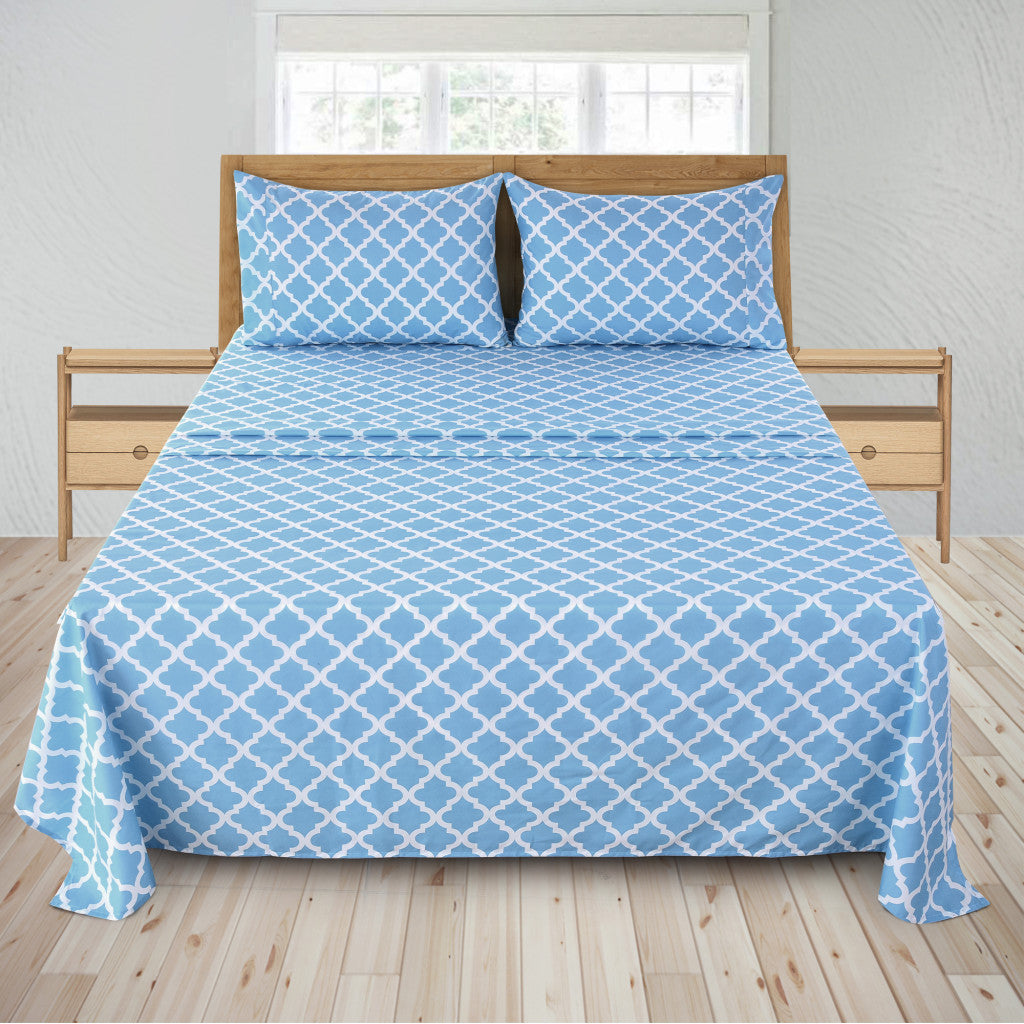 Four Piece Blue and White Quatrefoil Microfiber King Sheet Set