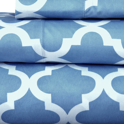 Four Piece Blue and White Quatrefoil Microfiber King Sheet Set