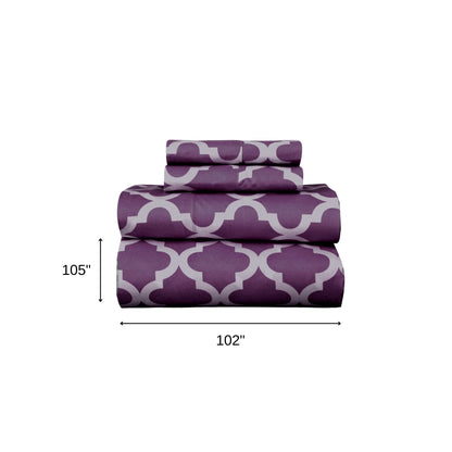 Four Piece Purple and White Quatrefoil Microfiber King Sheet Set