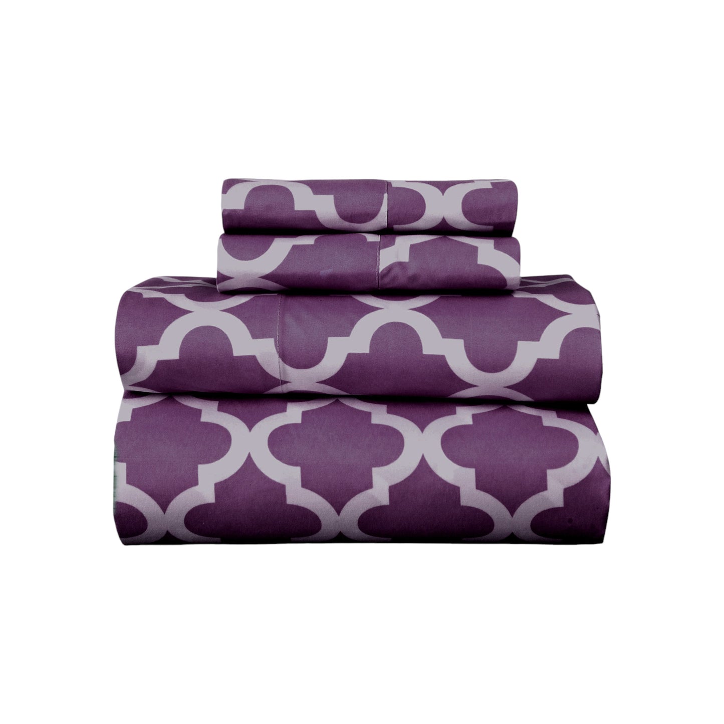 Four Piece Purple and White Quatrefoil Microfiber King Sheet Set