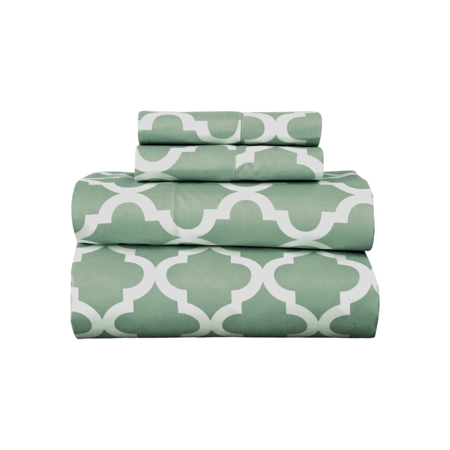 Four Piece Green and White Quatrefoil Microfiber King Sheet Set