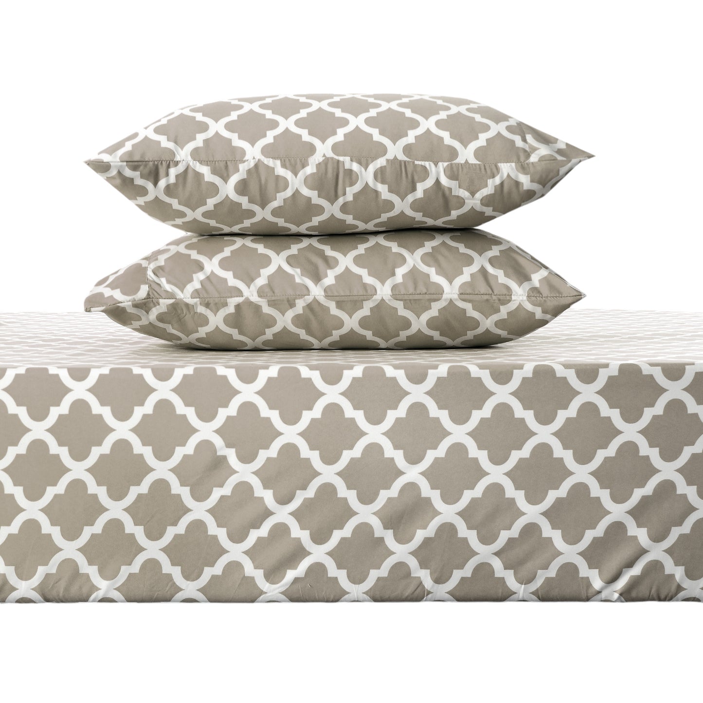 Four Piece Beige and White Quatrefoil Microfiber King Sheet Set