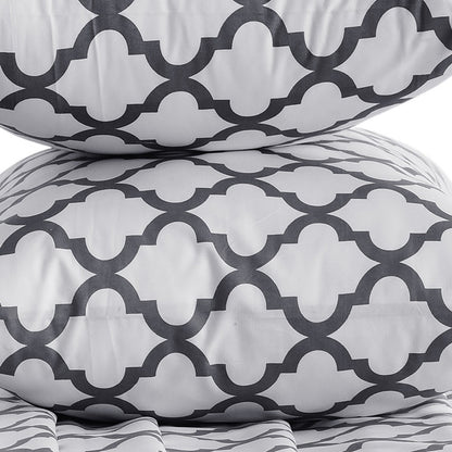 Four Piece White and Charcoal Quatrefoil Microfiber King Sheet Set