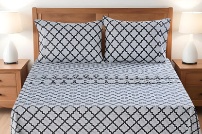 Four Piece White and Charcoal Quatrefoil Microfiber King Sheet Set