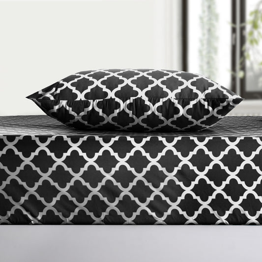 Four Piece Black and White Quatrefoil Microfiber Queen Sheet Set