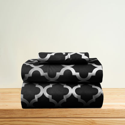 Four Piece Black and White Quatrefoil Microfiber Queen Sheet Set