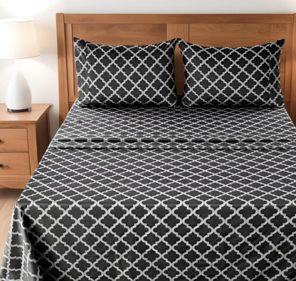 Four Piece Black and White Quatrefoil Microfiber Queen Sheet Set