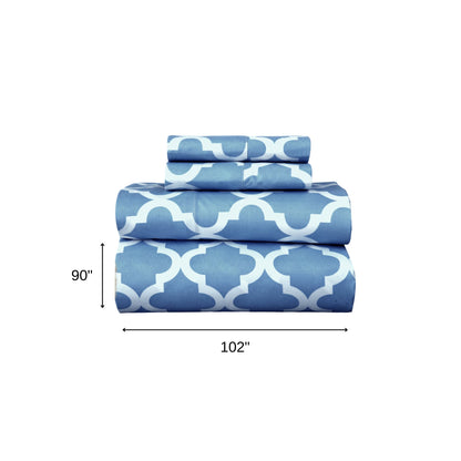 Four Piece Blue and White Quatrefoil Microfiber Queen Sheet Set