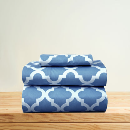 Four Piece Blue and White Quatrefoil Microfiber Queen Sheet Set