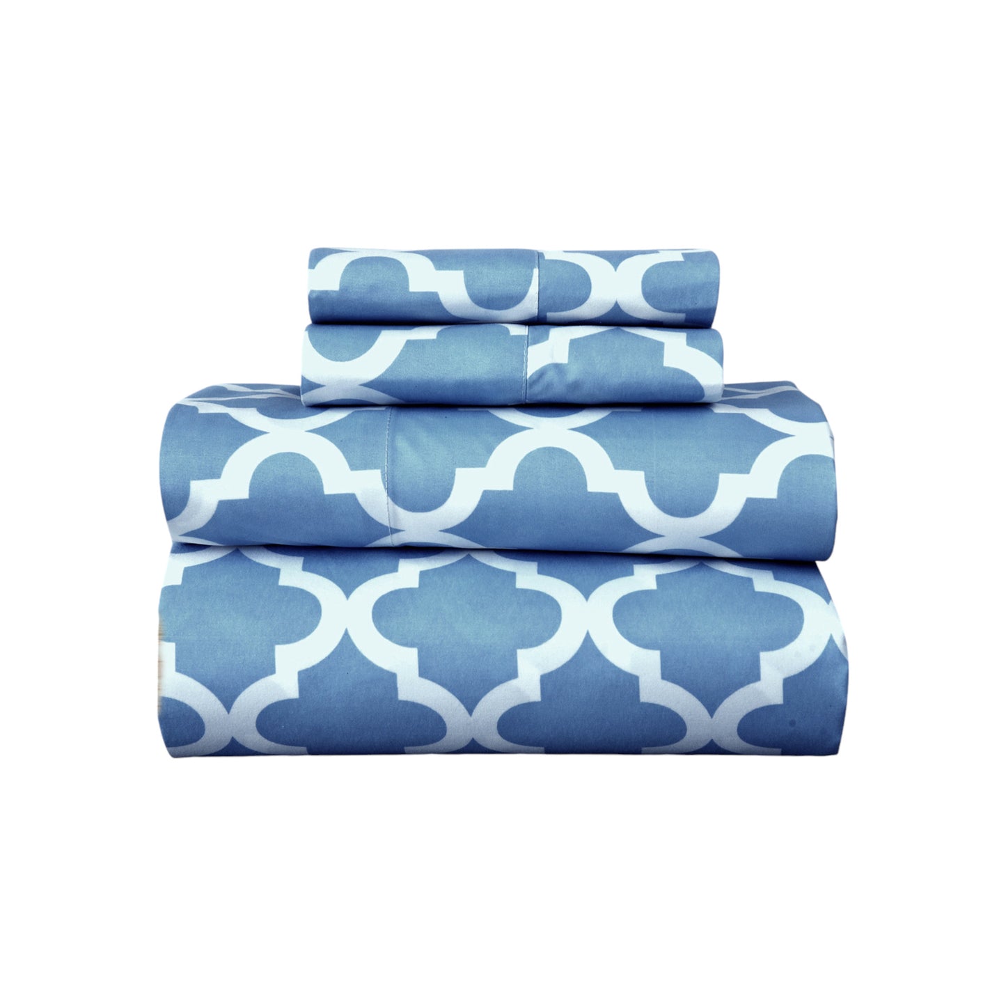 Four Piece Blue and White Quatrefoil Microfiber Queen Sheet Set