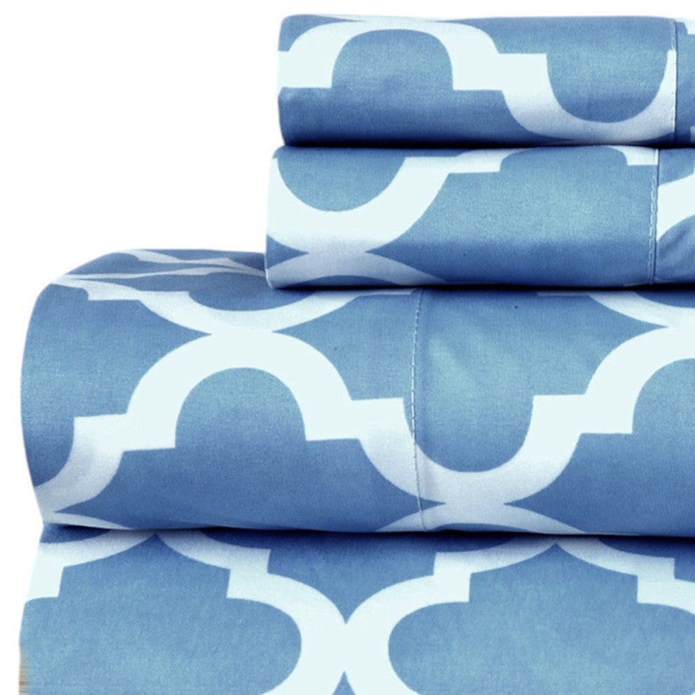 Four Piece Blue and White Quatrefoil Microfiber Queen Sheet Set