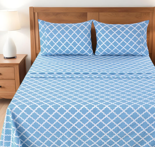 Four Piece Blue and White Quatrefoil Microfiber Queen Sheet Set