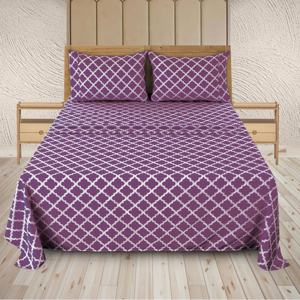 Four Piece Purple and White Quatrefoil Microfiber Queen Sheet Set