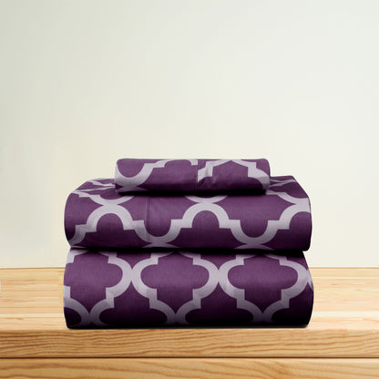 Four Piece Purple and White Quatrefoil Microfiber Queen Sheet Set