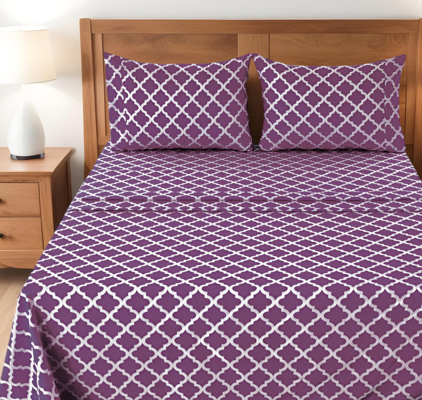 Four Piece Purple and White Quatrefoil Microfiber Queen Sheet Set