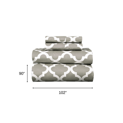 Four Piece Beige and White Quatrefoil Microfiber Queen Sheet Set