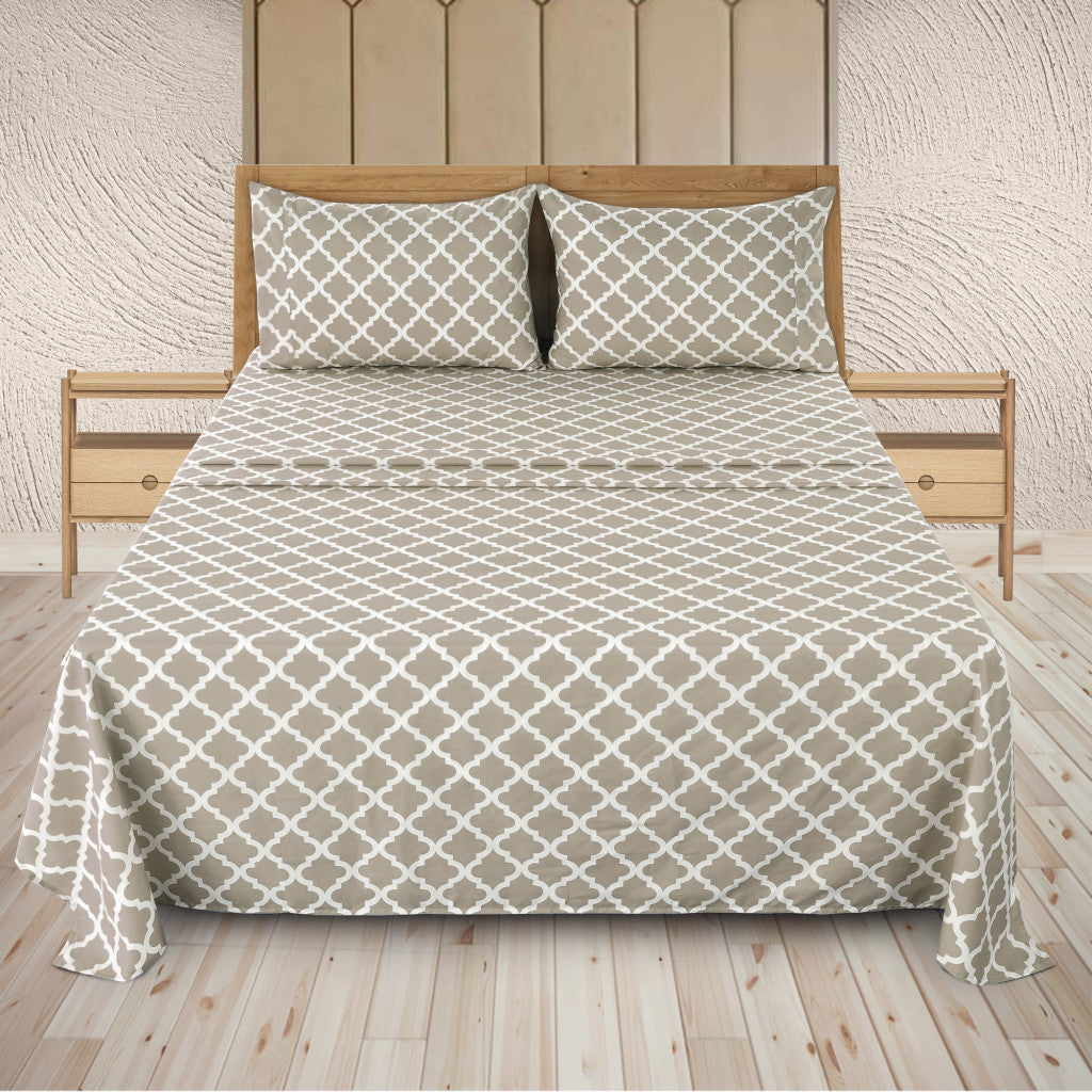 Four Piece Beige and White Quatrefoil Microfiber Queen Sheet Set