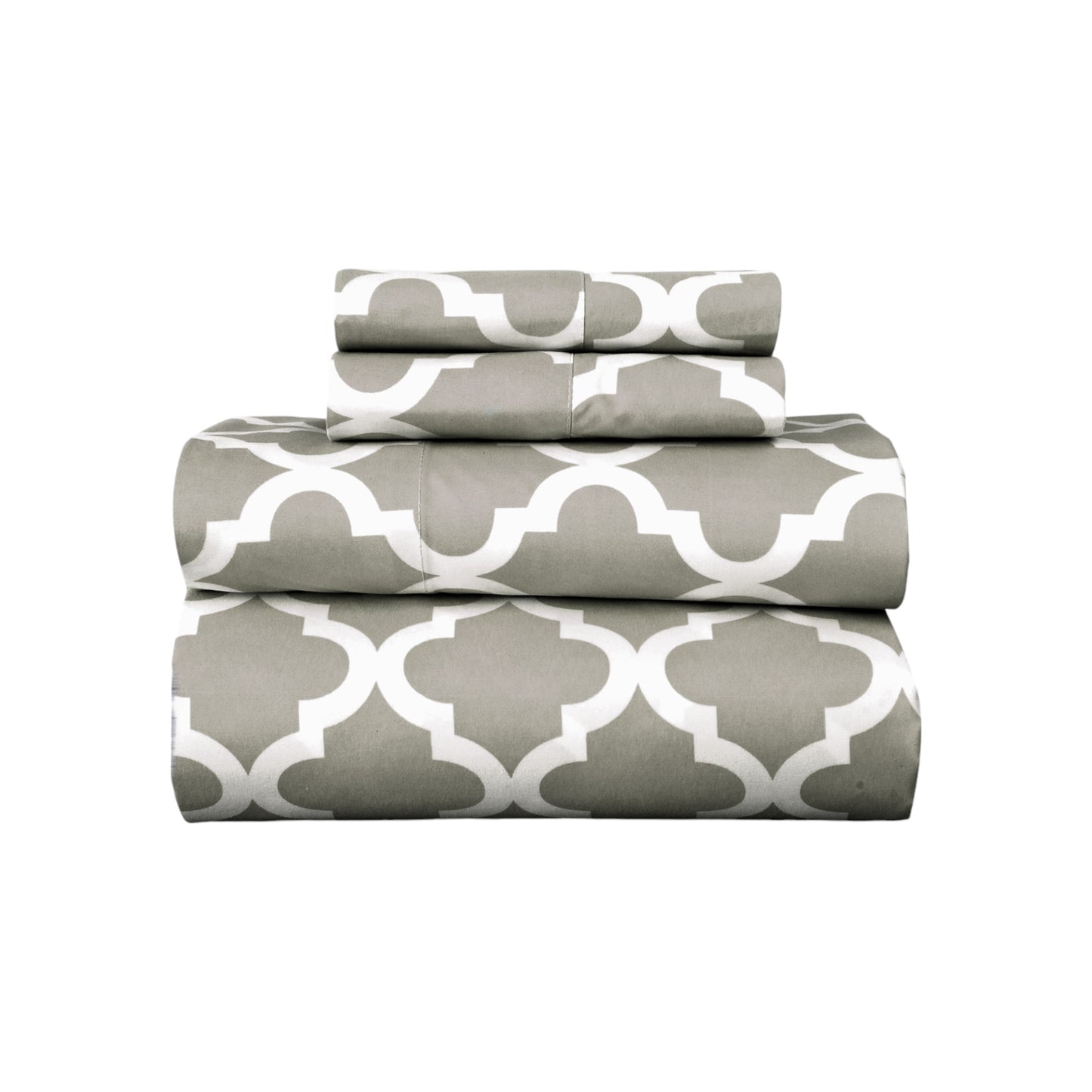 Four Piece Beige and White Quatrefoil Microfiber Queen Sheet Set