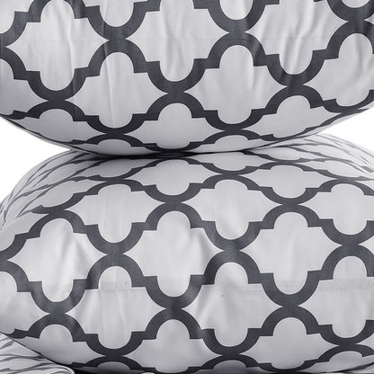 Four Piece White and Charcoal Quatrefoil Microfiber Queen Sheet Set