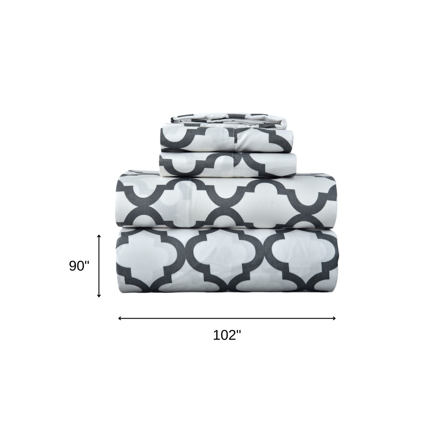 Four Piece White and Charcoal Quatrefoil Microfiber Queen Sheet Set