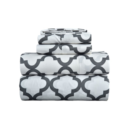 Four Piece White and Charcoal Quatrefoil Microfiber Queen Sheet Set