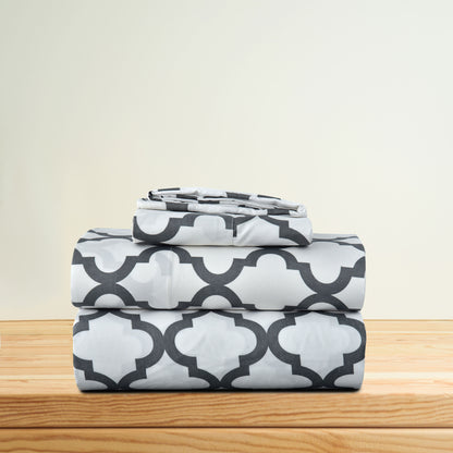 Four Piece White and Charcoal Quatrefoil Microfiber Queen Sheet Set