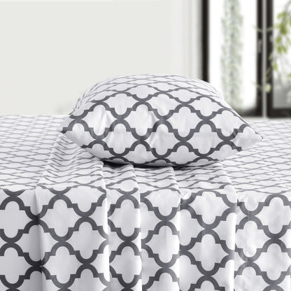 Four Piece White and Charcoal Quatrefoil Microfiber Queen Sheet Set