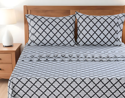 Four Piece White and Charcoal Quatrefoil Microfiber Queen Sheet Set